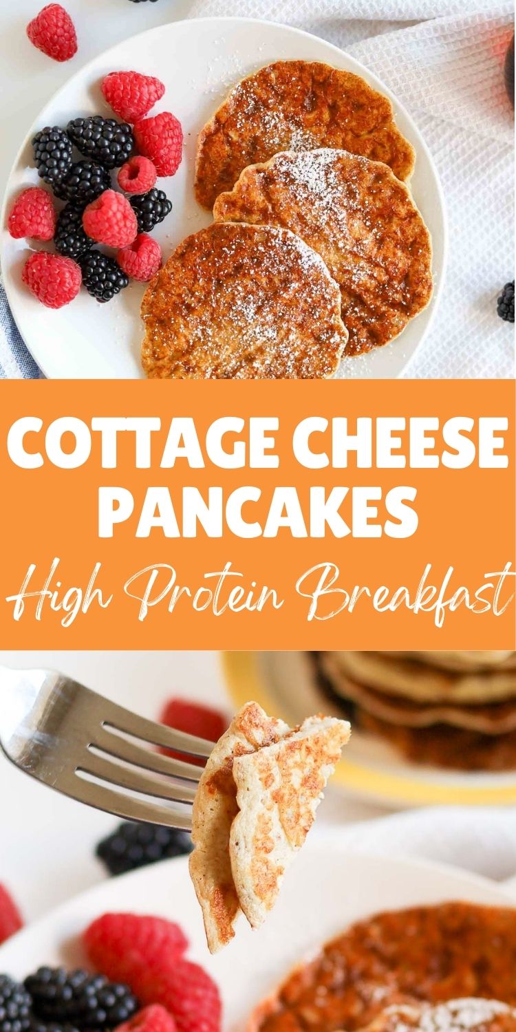 pin image cottage cheese pancakes on a white plate garnished with raspberries and blackberries