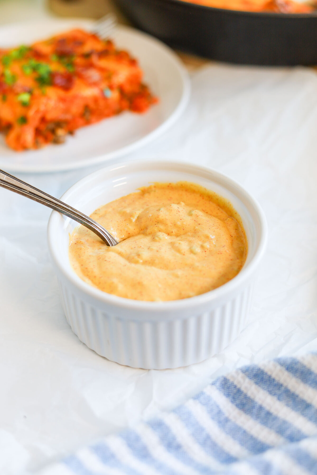 homemade big mac sauce in a white ramekin