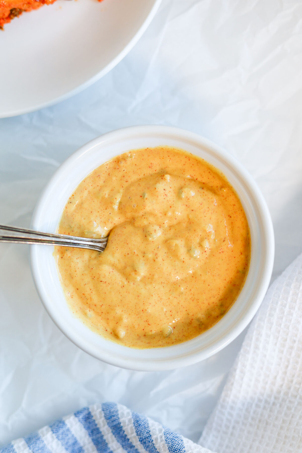 homemade big mac sauce in a white ramekin