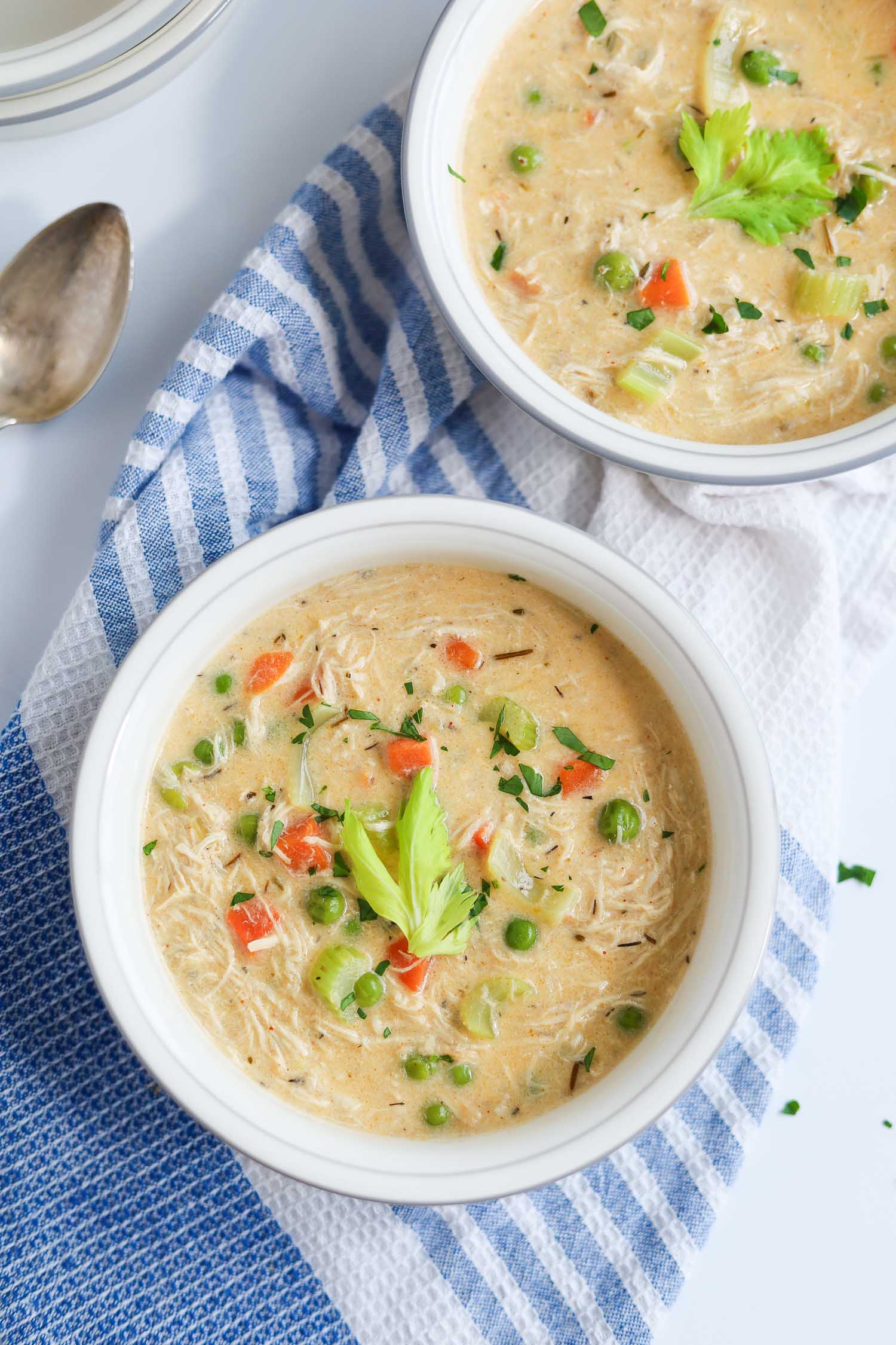 instant pot chicken pot pie in a white bowl 